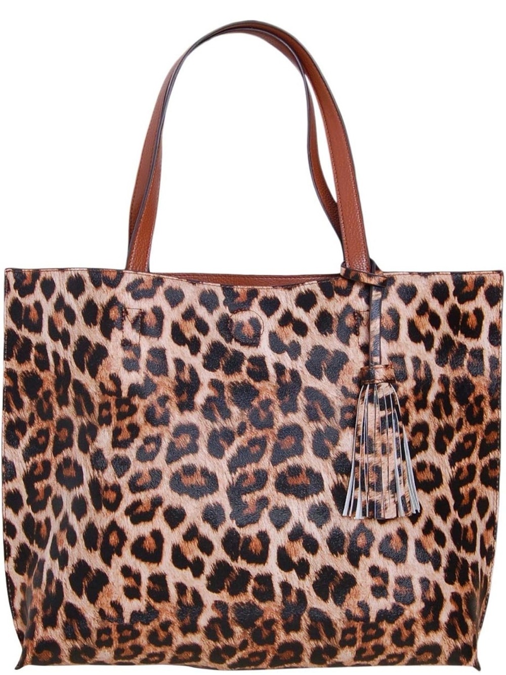 Leopard Print Tote with Tassel in Brown